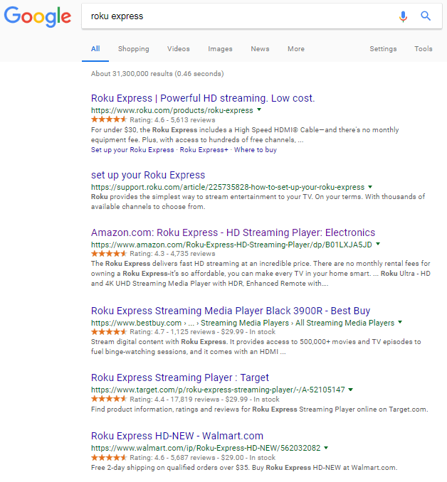 Google Search Result for Roku Express