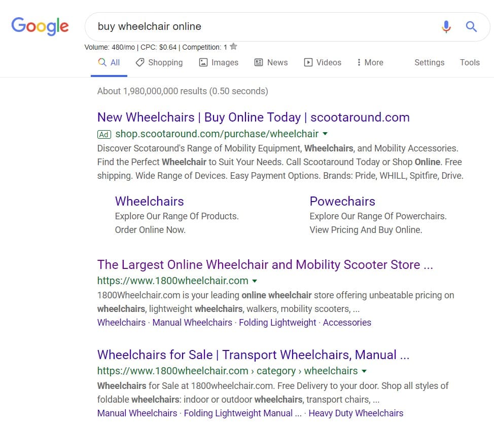 Google SERP For Query: Buy Wheelchair Online