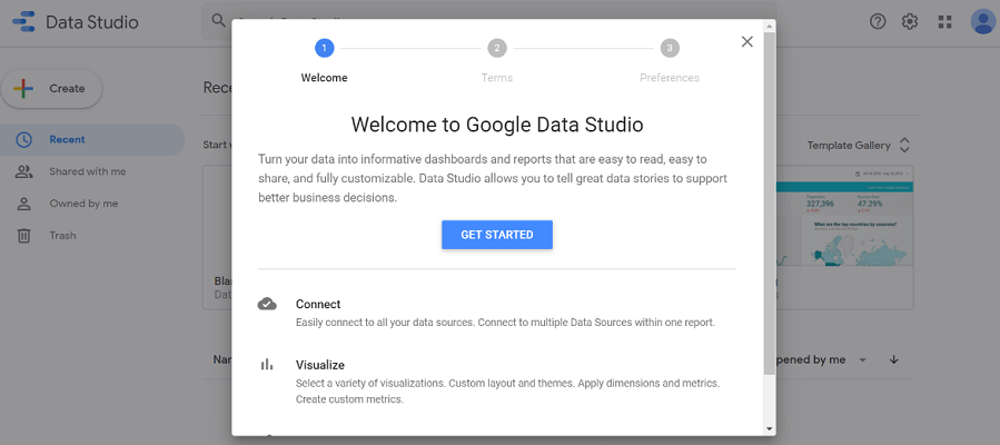 Welcome Screen in Google Data Studio