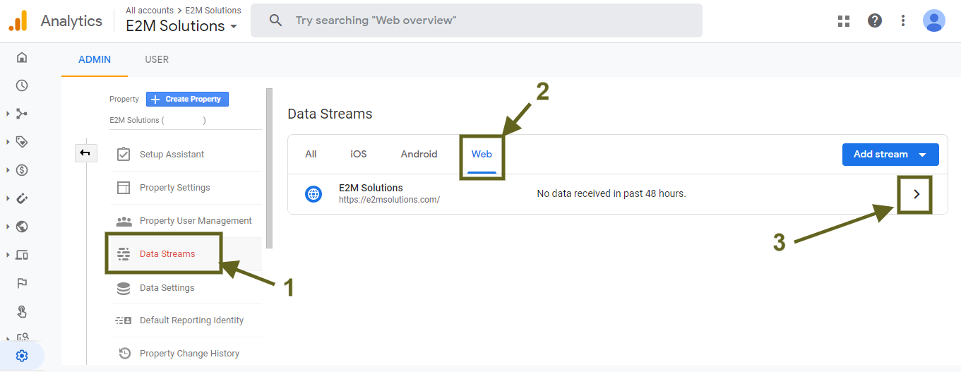 'Web Stream Details' page