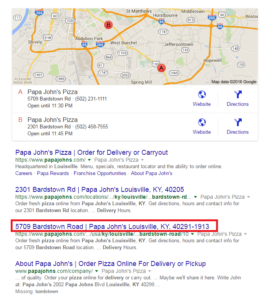 google search result page having a location within the title tag