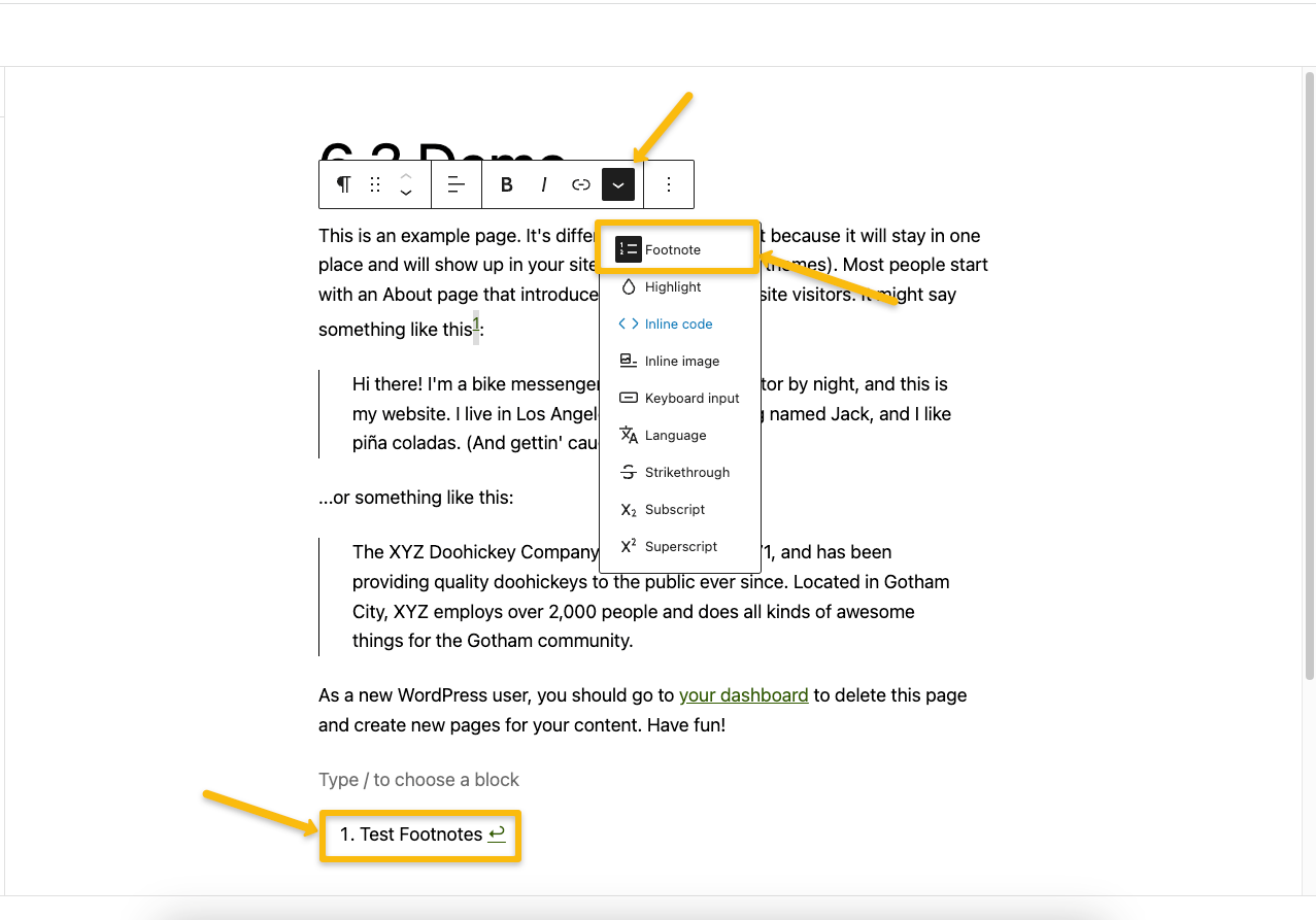 footnotes block in wordpress 6.3