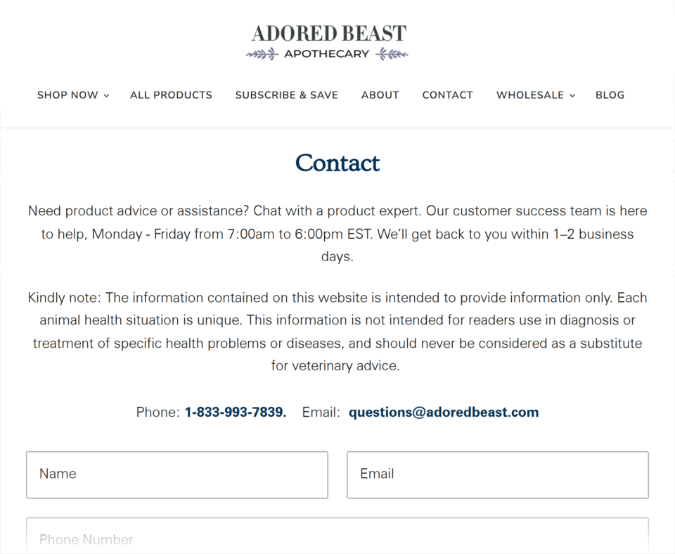 Trustworthiness example: Adored Beast Apothecary contact page showing transparency with phone number, email, and clear disclaimer about veterinary advice