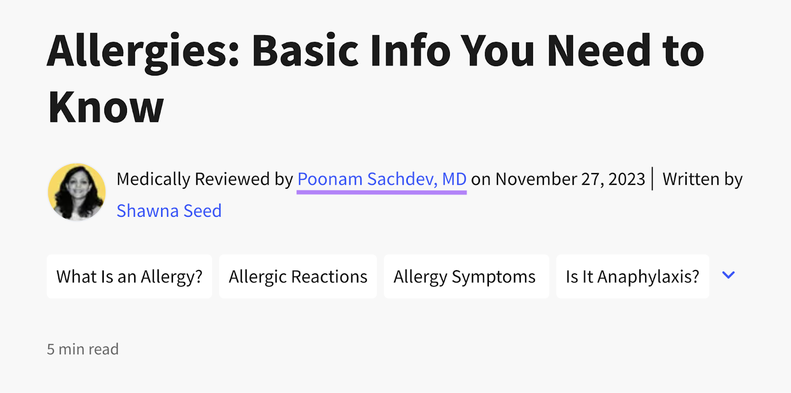 YMYL content example: Allergies article medically reviewed by Poonam Sachdev, MD, demonstrating expertise credentials for health topics